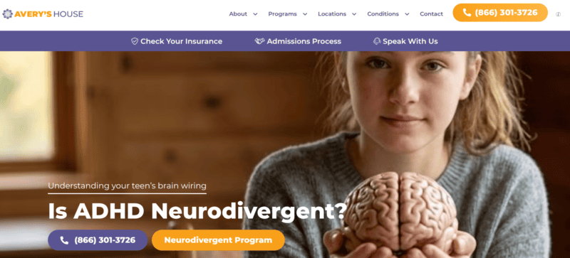 Teen holding a model of a brain. Text reads: "Understanding your teen's brain wiring. Is ADHD Neurodivergent?" with a button for the Neurodivergent Program.
