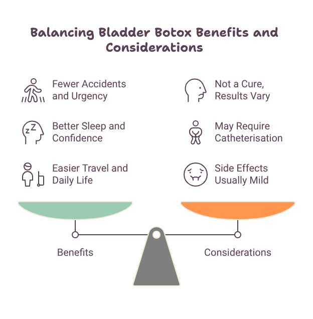 Illustration of balance scales comparing the benefits and considerations of bladder Botox. Benefits include fewer accidents and urgency, better sleep and confidence, and easier travel and daily life. Considerations include that it is not a cure, results vary, catheterisation may be needed, and side effects are usually mild.