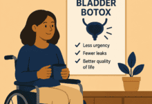 Illustration of a wheelchair user holding a mug beside a poster about bladder Botox. The poster reads: "Bladder Botox" with a bladder icon and lists the benefits: "Less urgency", "Fewer leaks" and "Better quality of life."