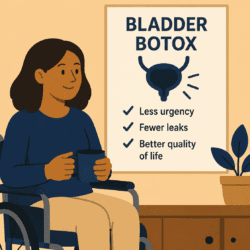 Illustration of a wheelchair user holding a mug beside a poster about bladder Botox. The poster reads: "Bladder Botox" with a bladder icon and lists the benefits: "Less urgency", "Fewer leaks" and "Better quality of life."