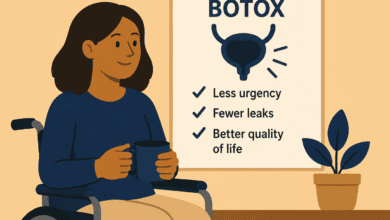 Illustration of a wheelchair user holding a mug beside a poster about bladder Botox. The poster reads: "Bladder Botox" with a bladder icon and lists the benefits: "Less urgency", "Fewer leaks" and "Better quality of life."