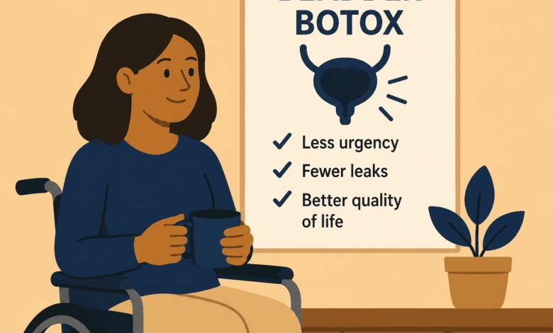 Illustration of a wheelchair user holding a mug beside a poster about bladder Botox. The poster reads: "Bladder Botox" with a bladder icon and lists the benefits: "Less urgency", "Fewer leaks" and "Better quality of life."