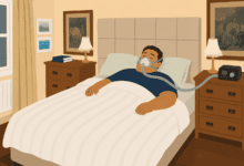 Cartoon illustration of a larger man sleeping peacefully in a double bed while wearing a CPAP mask connected to a bedside machine in a warm, tidy bedroom.