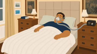 Cartoon illustration of a larger man sleeping peacefully in a double bed while wearing a CPAP mask connected to a bedside machine in a warm, tidy bedroom.