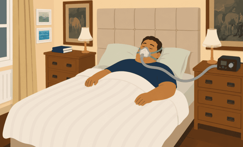 Cartoon illustration of a larger man sleeping peacefully in a double bed while wearing a CPAP mask connected to a bedside machine in a warm, tidy bedroom.