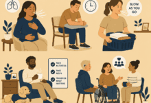 Illustration showing breathing techniques, pacing activities, resting and social support to help manage breathlessness and fatigue.