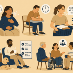 Illustration showing breathing techniques, pacing activities, resting and social support to help manage breathlessness and fatigue.