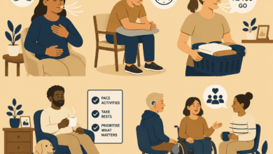 Illustration showing breathing techniques, pacing activities, resting and social support to help manage breathlessness and fatigue.