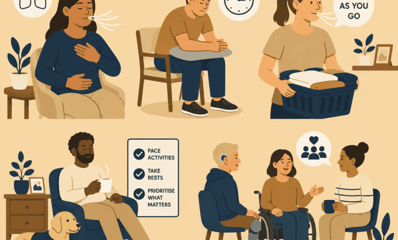 Illustration showing breathing techniques, pacing activities, resting and social support to help manage breathlessness and fatigue.