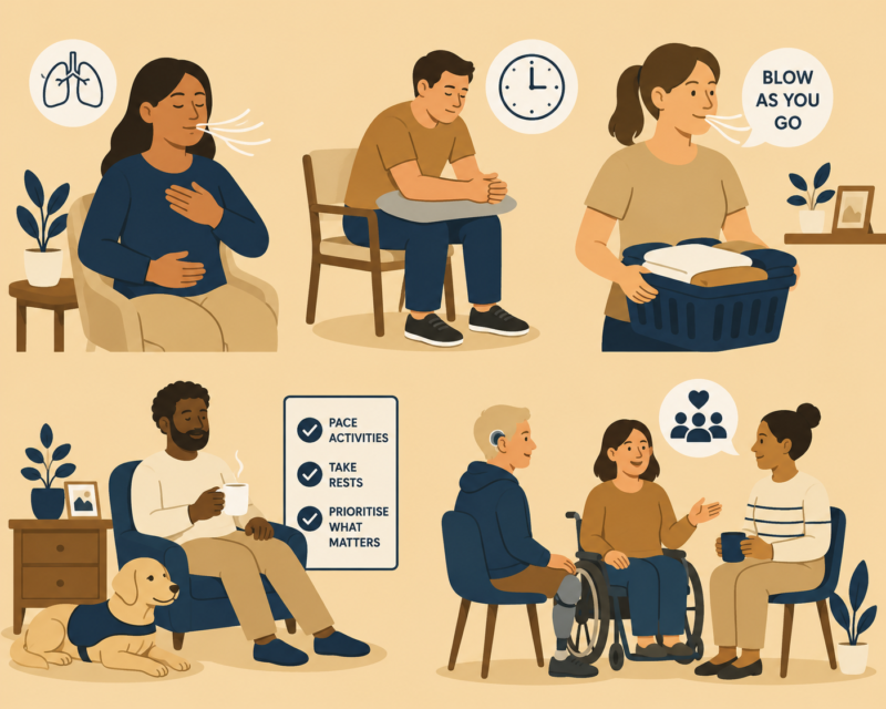 Illustration showing breathing techniques, pacing activities, resting and social support to help manage breathlessness and fatigue.