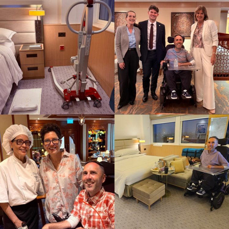 Collage showing Royal Lancaster London's accessible room, mobile hoist and Martyn Sibley during his hotel visit.