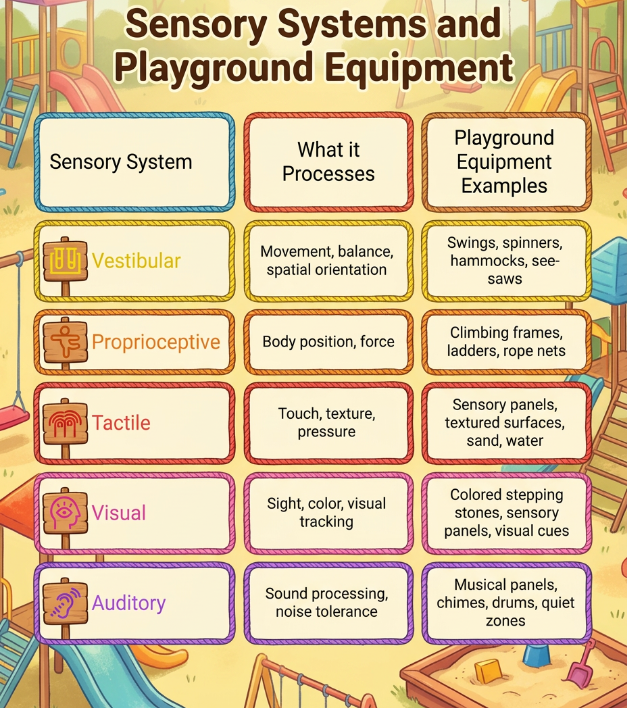 Table showing five sensory systems, what they process and matching playground equipment for therapeutic sensory play.