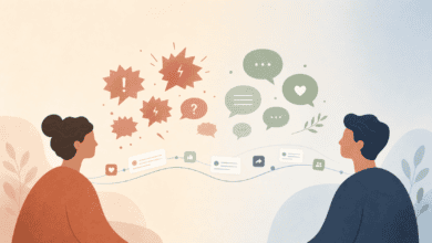 Abstract illustration of two figures either side of a social media feed, representing polarised SEND debate online