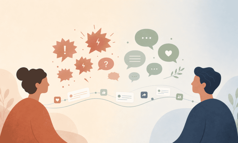 Abstract illustration of two figures either side of a social media feed, representing polarised SEND debate online