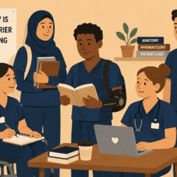 A diverse group of disabled nursing students study together, showing that disability is not a barrier to a nursing career.