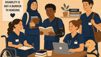 A diverse group of disabled nursing students study together, showing that disability is not a barrier to a nursing career.