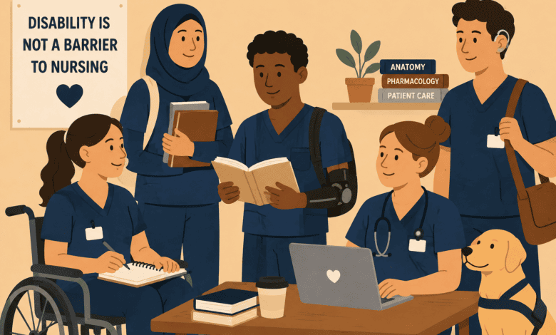 A diverse group of disabled nursing students study together, showing that disability is not a barrier to a nursing career.