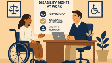 Illustration of a wheelchair user discussing disability rights at work with a colleague, with a poster highlighting fair treatment, reasonable adjustments and inclusion.