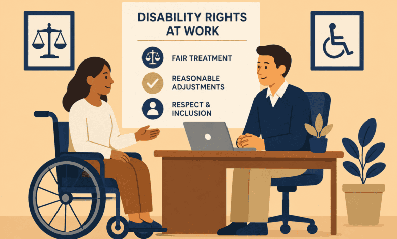 Illustration of a wheelchair user discussing disability rights at work with a colleague, with a poster highlighting fair treatment, reasonable adjustments and inclusion.