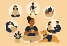Person managing chronic pain with rest, gentle exercise, healthy food, relaxation and professional support.