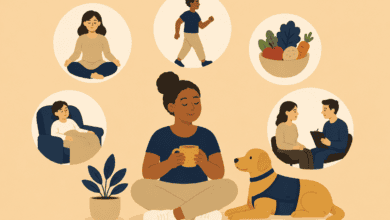 Person managing chronic pain with rest, gentle exercise, healthy food, relaxation and professional support.