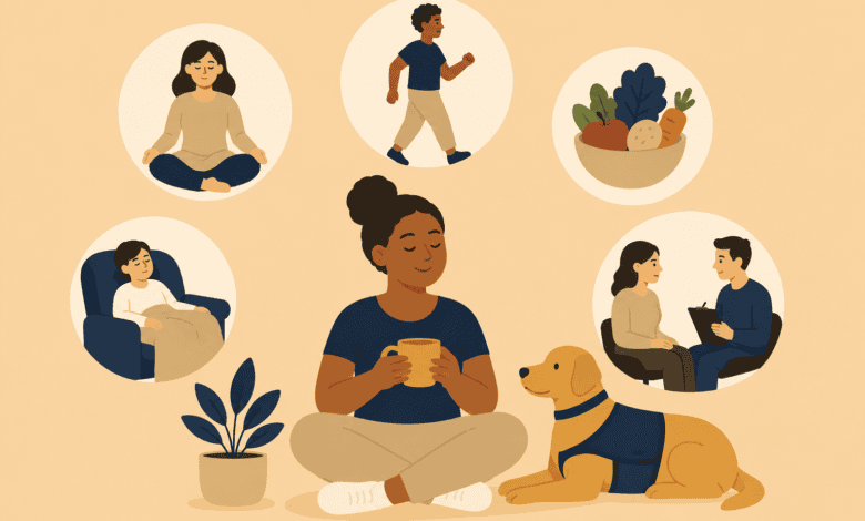 Person managing chronic pain with rest, gentle exercise, healthy food, relaxation and professional support.