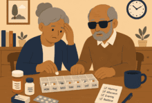 Older woman sorts pills into a weekly organiser beside her blind husband.