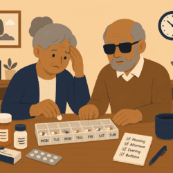 Older woman sorts pills into a weekly organiser beside her blind husband.
