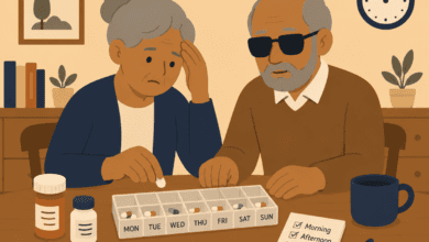 Older woman sorts pills into a weekly organiser beside her blind husband.