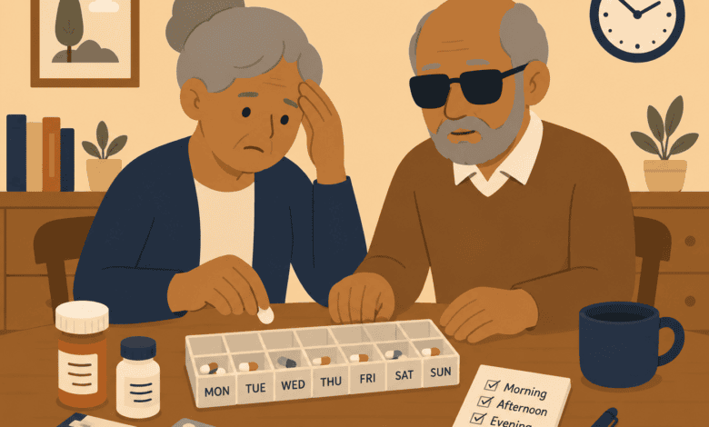 Older woman sorts pills into a weekly organiser beside her blind husband.