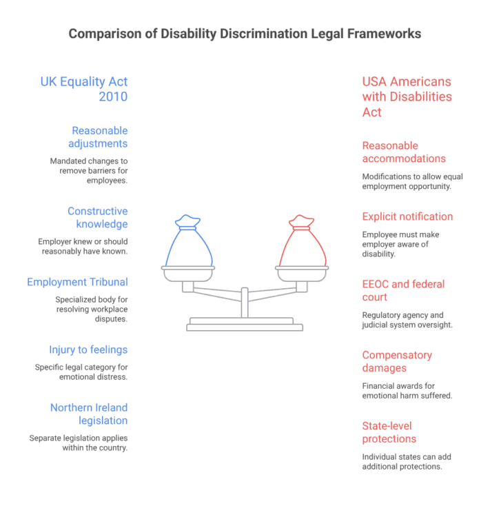 UK and USA workplace disability discrimination laws compared, including adjustments, legal claims and compensation.