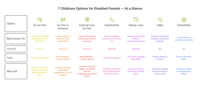 Comparison of 7 US childcare options for disabled parents, showing live-in availability, costs and who each may suit.