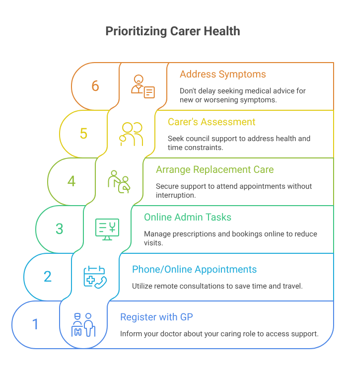 Stepped infographic showing howw carers can prioritise own health, the steps are coverered in the text below the image