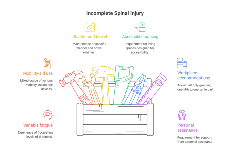 Everyday needs with incomplete spinal cord injury, including mobility aids, fatigue, personal assistance, accessible housing and bladder and bowel routines.