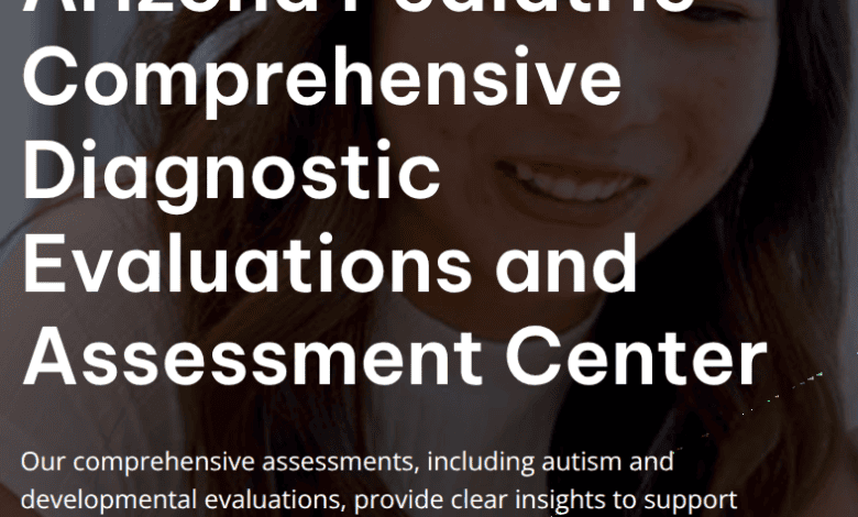 Smiling young woman behind text promoting Arizona Pediatric’s diagnostic and developmental evaluations.