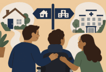 cartoon image showing a person with locked-in syndrome showing a choice between accessible home care and a nursing facility.