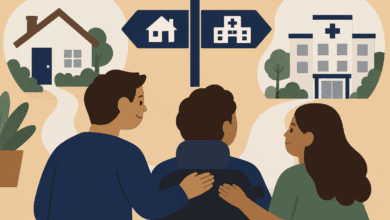 cartoon image showing a person with locked-in syndrome showing a choice between accessible home care and a nursing facility.