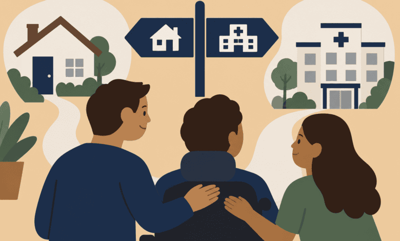 cartoon image showing a person with locked-in syndrome showing a choice between accessible home care and a nursing facility.