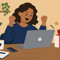 Woman celebrates winning an online competition, with a laptop and wrapped prize on the table.