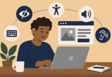 Illustration of a person using a laptop, surrounded by symbols representing keyboard access, visual accessibility, hearing and audio features.