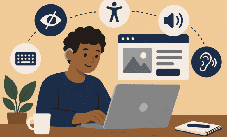 Illustration of a person using a laptop, surrounded by symbols representing keyboard access, visual accessibility, hearing and audio features.