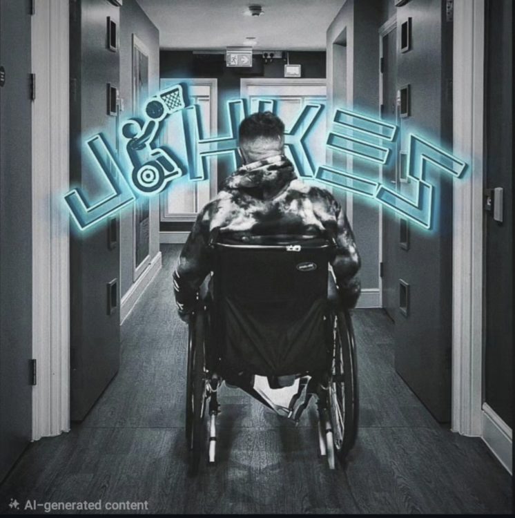 JOHKES rapper and Wheelchair user seen from behind moving down a hallway, with glowing blue wheelchair-accessibility symbols around them.