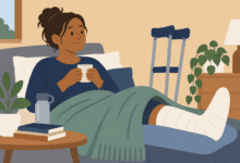 flat cartoon image ofPerson recovering at home with a bandaged leg raised on cushions, with crutches nearby.