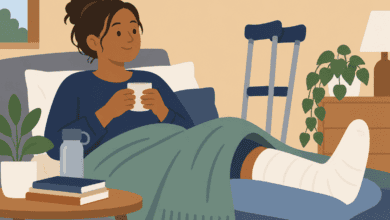flat cartoon image ofPerson recovering at home with a bandaged leg raised on cushions, with crutches nearby.