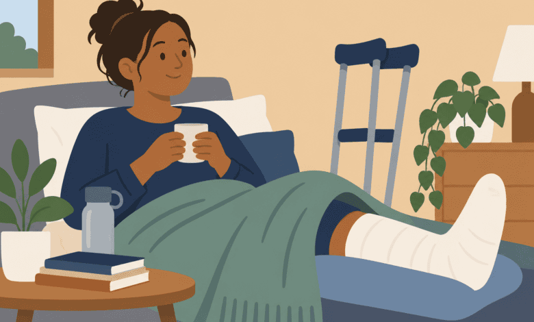 flat cartoon image ofPerson recovering at home with a bandaged leg raised on cushions, with crutches nearby.