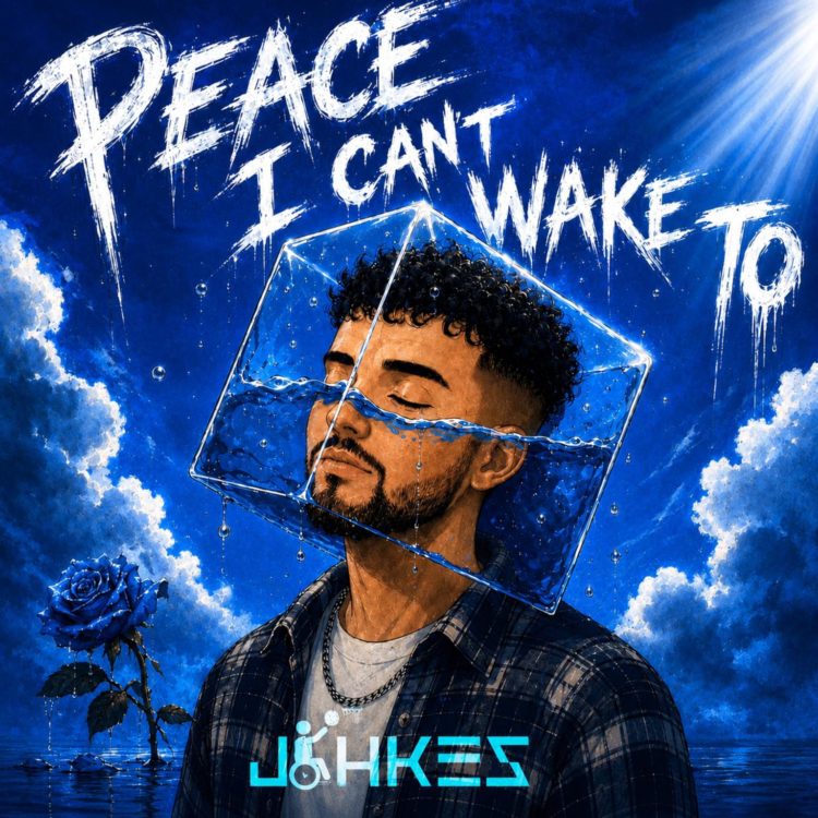 Illustrated cover of Johkes with his head inside a water-filled glass cube under the words “PEACE I CAN’T WAKE TO.”