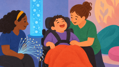 Illustration of a wheelchair user enjoying fibre-optic lights in a sensory room with two support workers nearby.