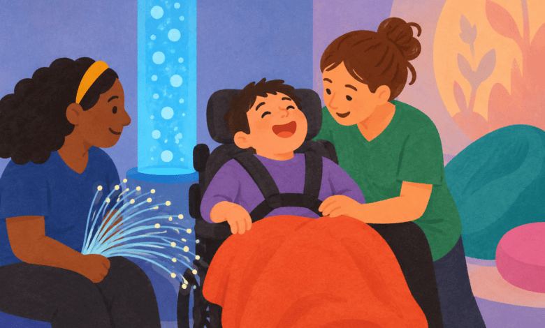 Illustration of a wheelchair user enjoying fibre-optic lights in a sensory room with two support workers nearby.