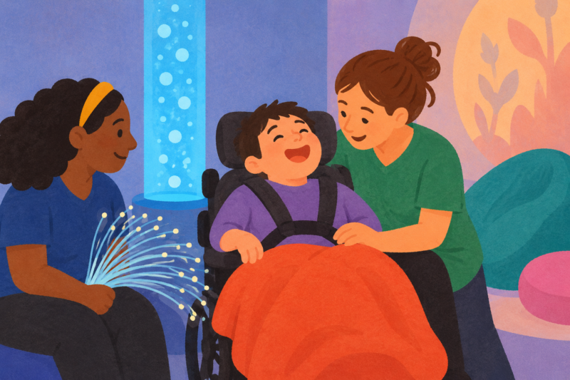 Illustration of a wheelchair user enjoying fibre-optic lights in a sensory room with two support workers nearby.