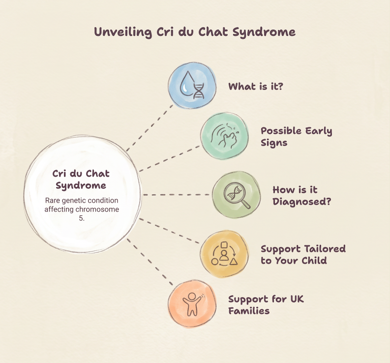 Infographic explaining Cri du Chat syndrome, its early signs, diagnosis and support for children and UK families.
